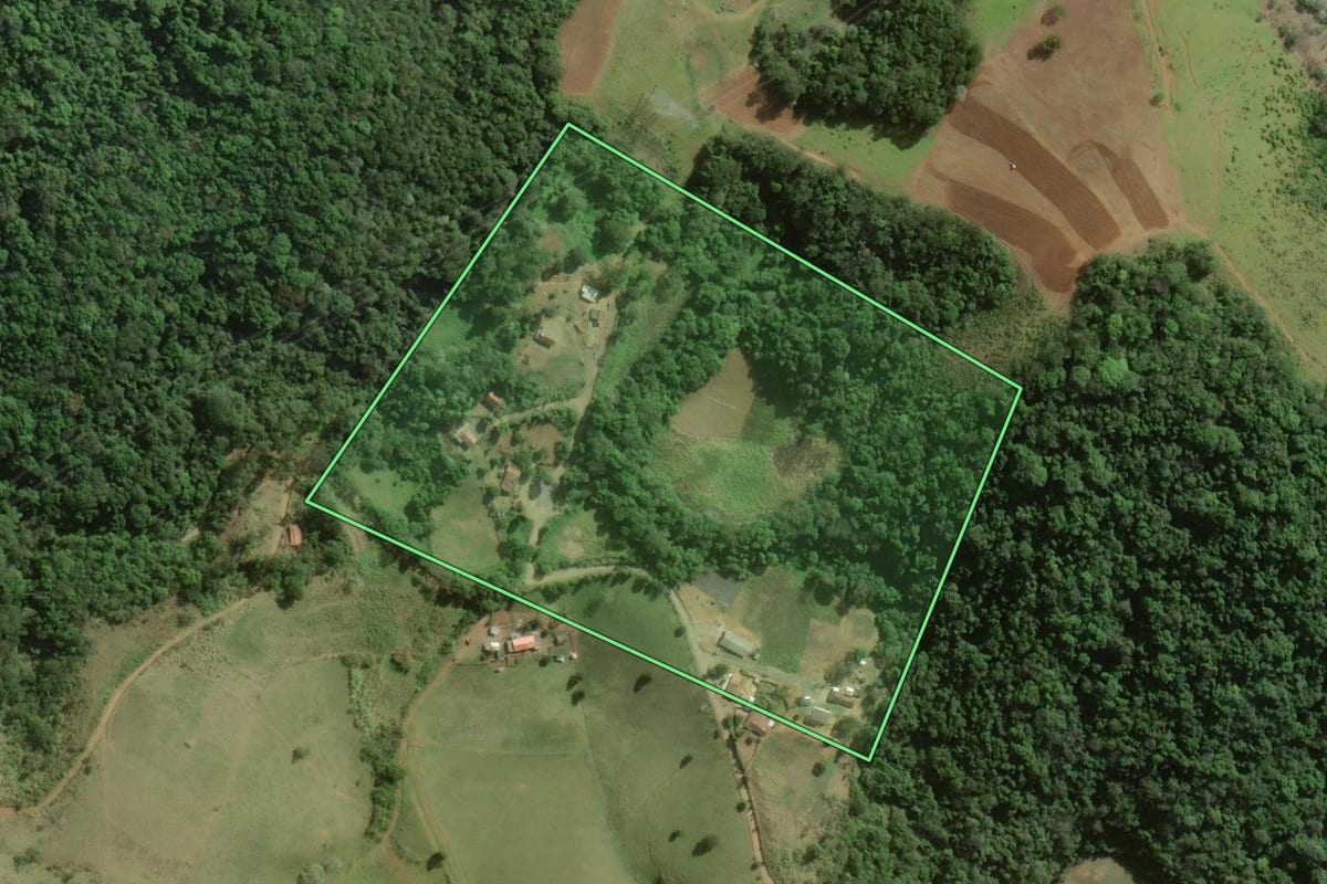 Imagem de satélite do imóvel rural em Guapiara (SP), com o contorno declarado no CAR desenhado por cima.