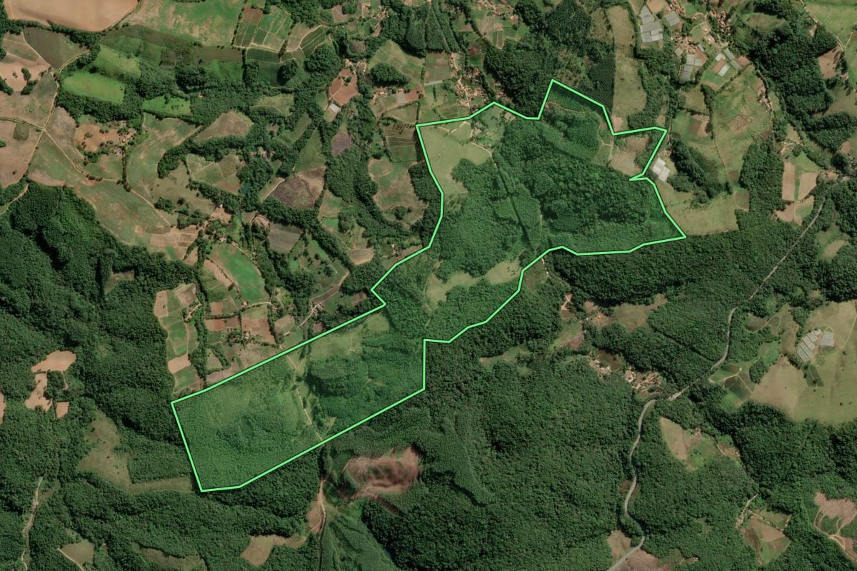 Imagem de satélite do imóvel rural em Guapiara (SP), com o contorno declarado no CAR desenhado por cima.