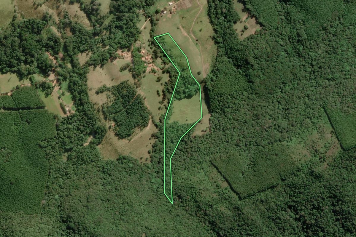 Imagem de satélite do imóvel rural em Guapiara (SP), com o contorno declarado no CAR desenhado por cima.