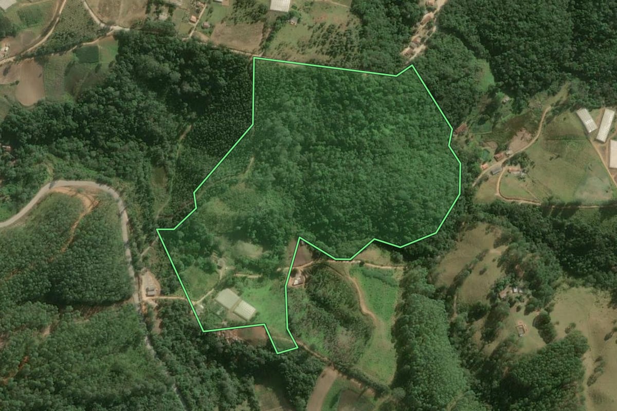 Imagem de satélite do imóvel rural em Guapiara (SP), com o contorno declarado no CAR desenhado por cima.