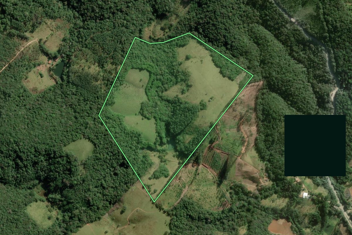 Imagem de satélite do imóvel rural em Guapiara (SP), com o contorno declarado no CAR desenhado por cima.
