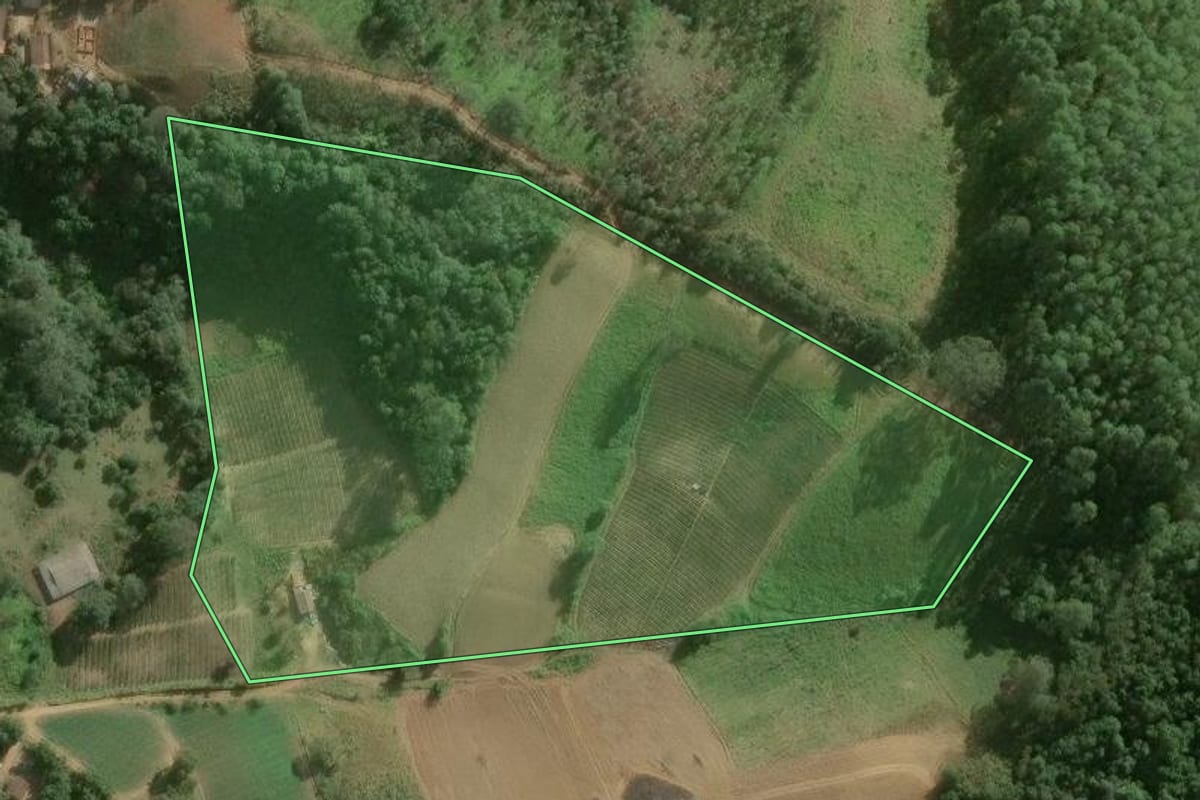 Imagem de satélite do imóvel rural em Guapiara (SP), com o contorno declarado no CAR desenhado por cima.