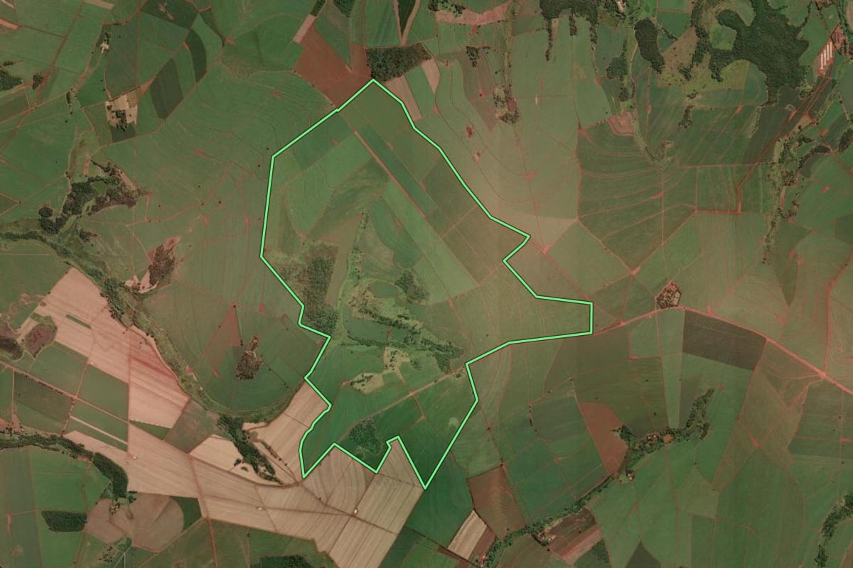 Imagem de satélite do imóvel rural em Guará (SP), com o contorno declarado no CAR desenhado por cima.