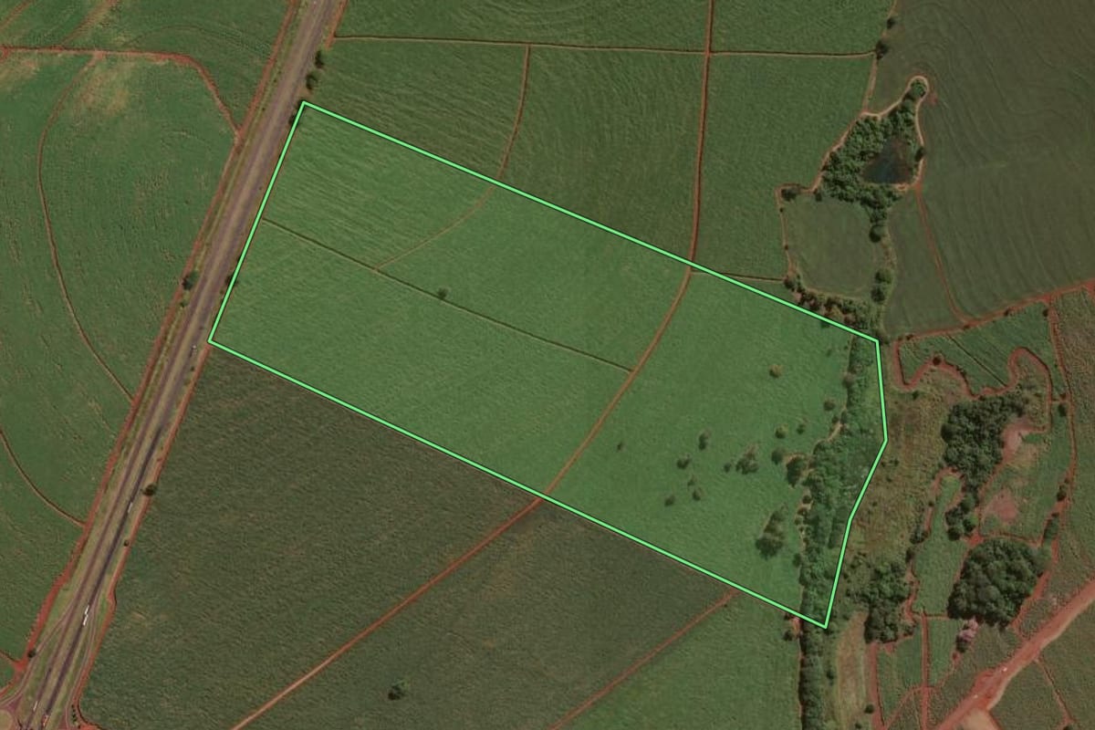 Imagem de satélite do imóvel rural em Guará (SP), com o contorno declarado no CAR desenhado por cima.