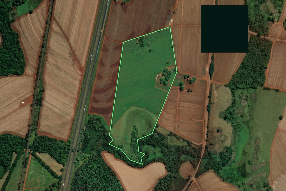 Imagem de satélite do imóvel rural em Guará (SP), com o contorno declarado no CAR desenhado por cima.