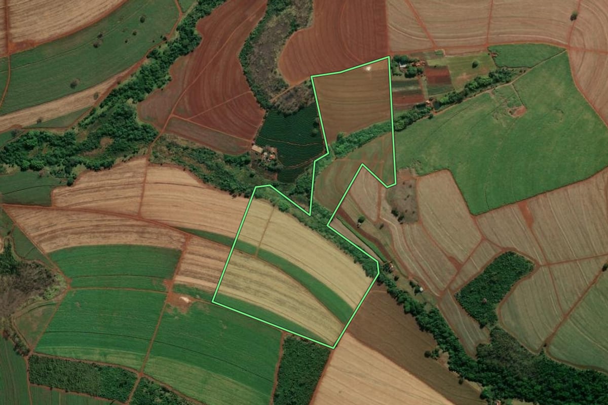 Imagem de satélite do imóvel rural em Guará (SP), com o contorno declarado no CAR desenhado por cima.