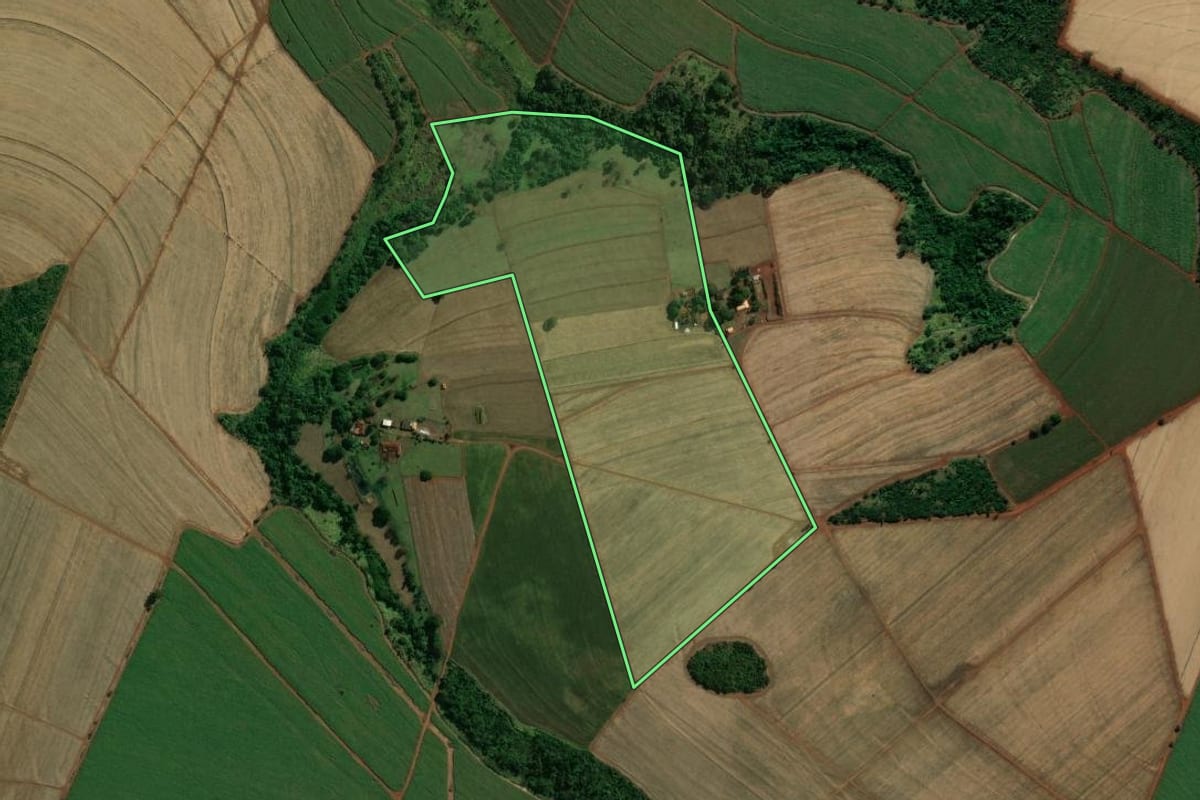 Imagem de satélite do imóvel rural em Guará (SP), com o contorno declarado no CAR desenhado por cima.
