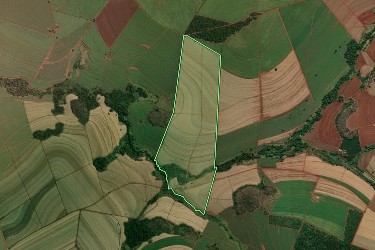 Imagem de satélite do imóvel rural em Guará (SP), com o contorno declarado no CAR desenhado por cima.