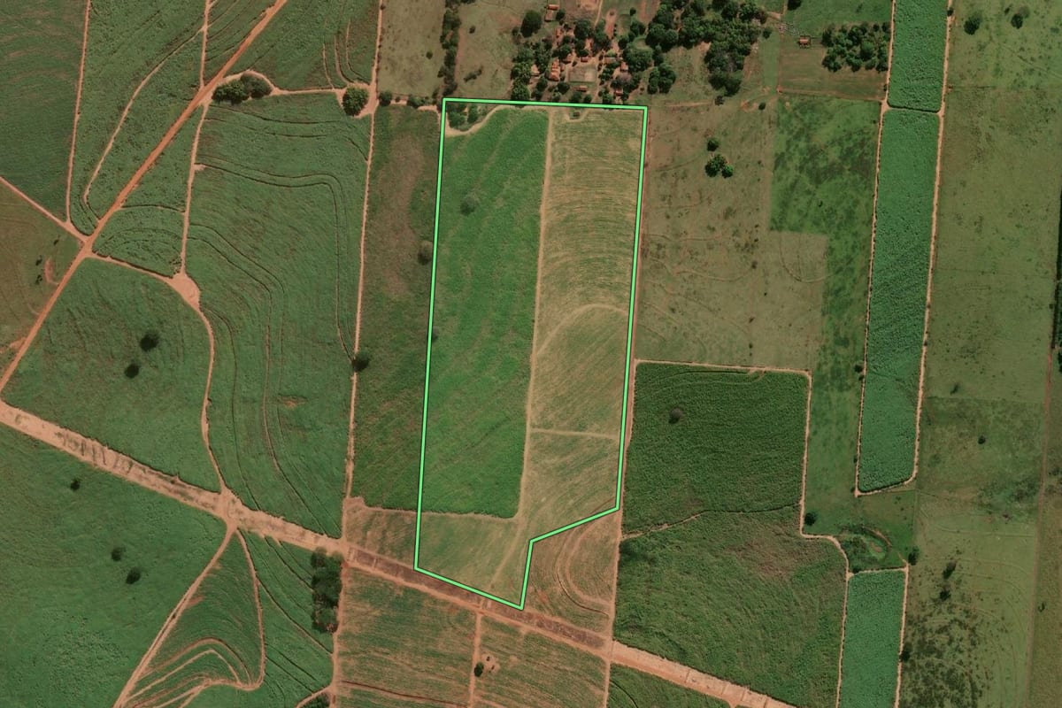 Imagem de satélite do imóvel rural em Guaraçaí (SP), com o contorno declarado no CAR desenhado por cima.