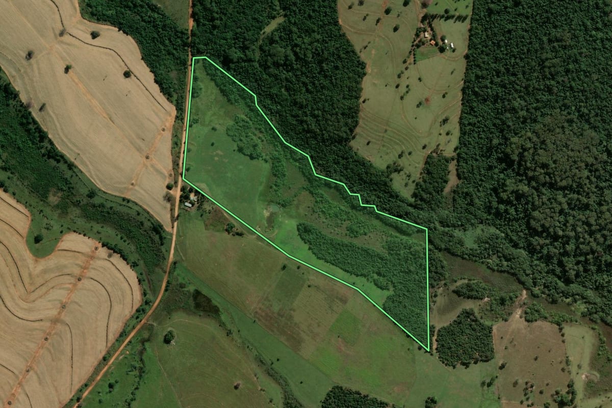 Imagem de satélite do imóvel rural em Guaraçaí (SP), com o contorno declarado no CAR desenhado por cima.