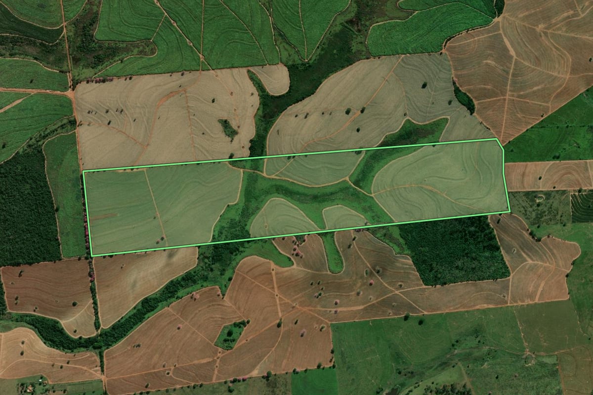 Imagem de satélite do imóvel rural em Guaraçaí (SP), com o contorno declarado no CAR desenhado por cima.