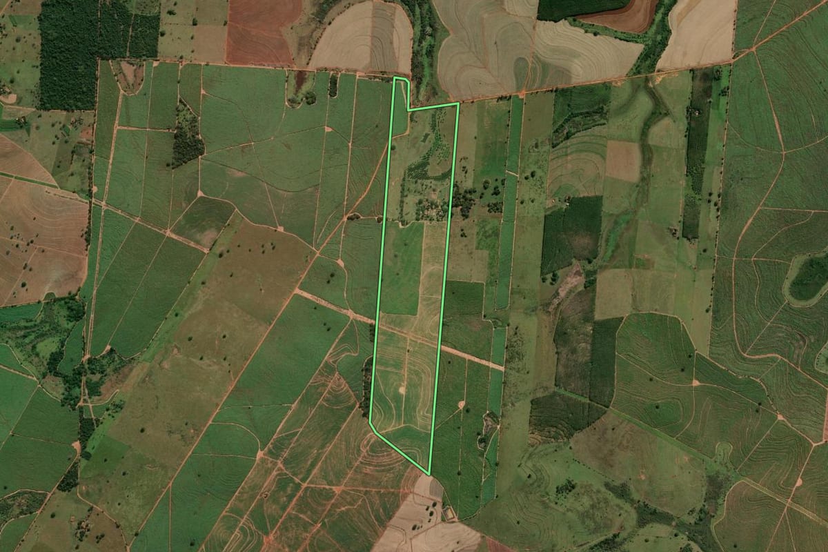 Imagem de satélite do imóvel rural em Guaraçaí (SP), com o contorno declarado no CAR desenhado por cima.