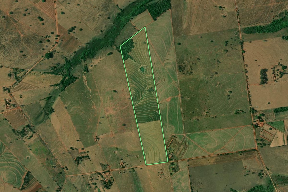 Imagem de satélite do imóvel rural em Guaraçaí (SP), com o contorno declarado no CAR desenhado por cima.