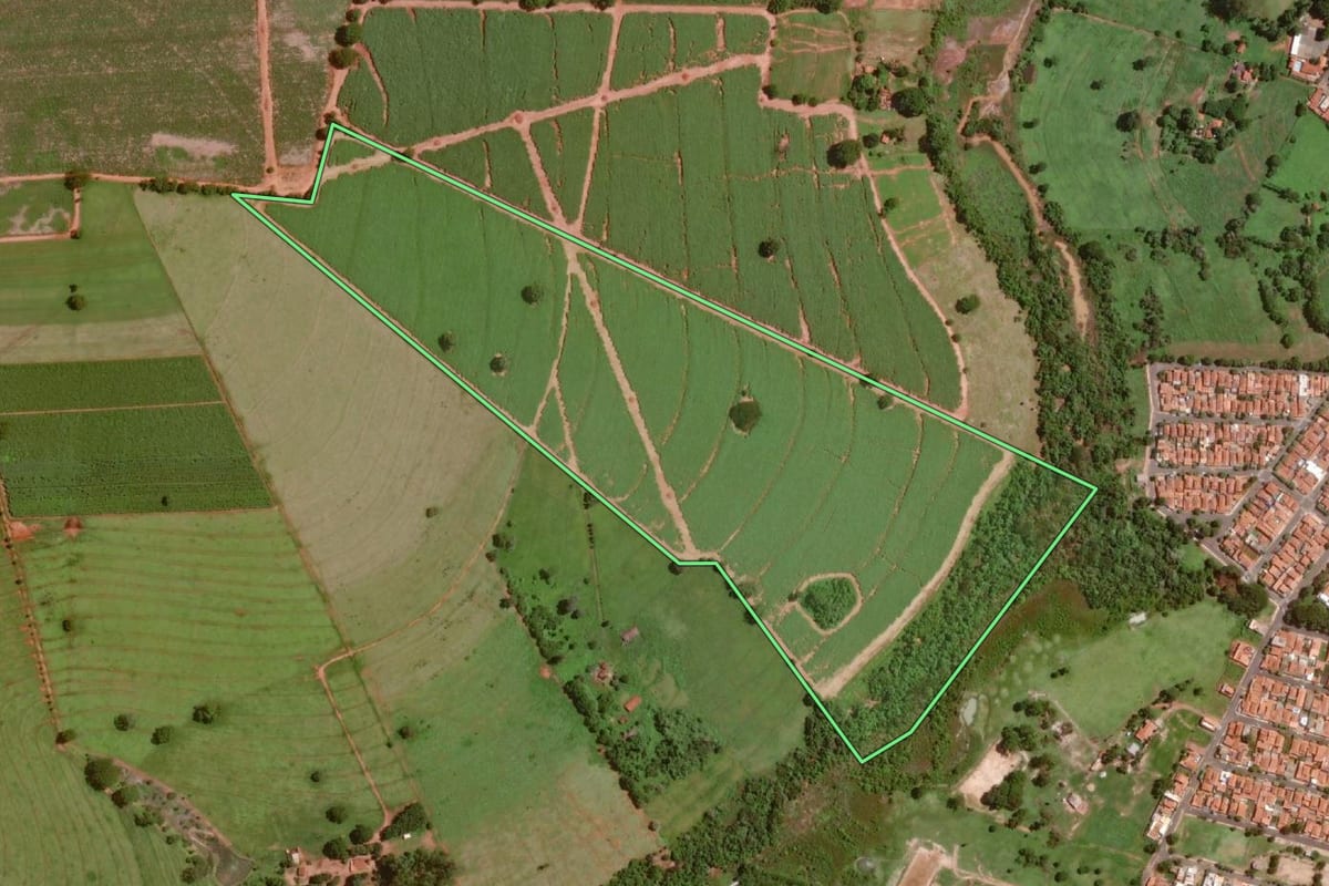 Imagem de satélite do imóvel rural em Guaraci (SP), com o contorno declarado no CAR desenhado por cima.