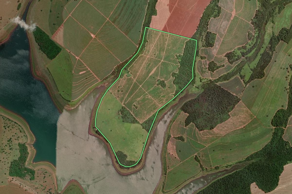 Imagem de satélite do imóvel rural em Guaraci (SP), com o contorno declarado no CAR desenhado por cima.