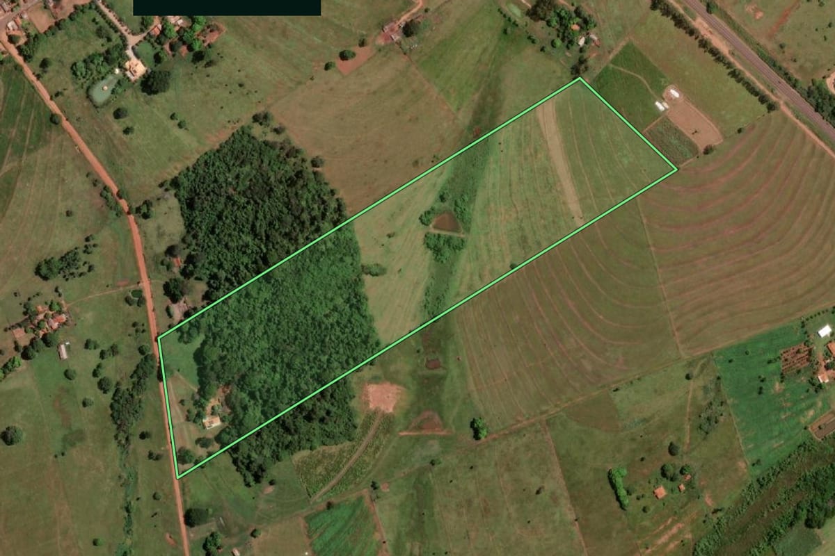 Imagem de satélite do imóvel rural em Guarani d'Oeste (SP), com o contorno declarado no CAR desenhado por cima.