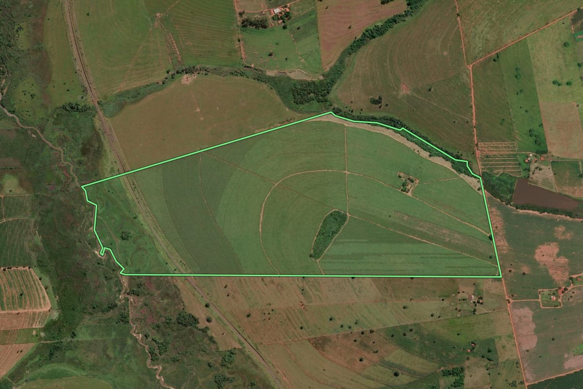 Imagem de satélite do imóvel rural em Guarani d'Oeste (SP), com o contorno declarado no CAR desenhado por cima.