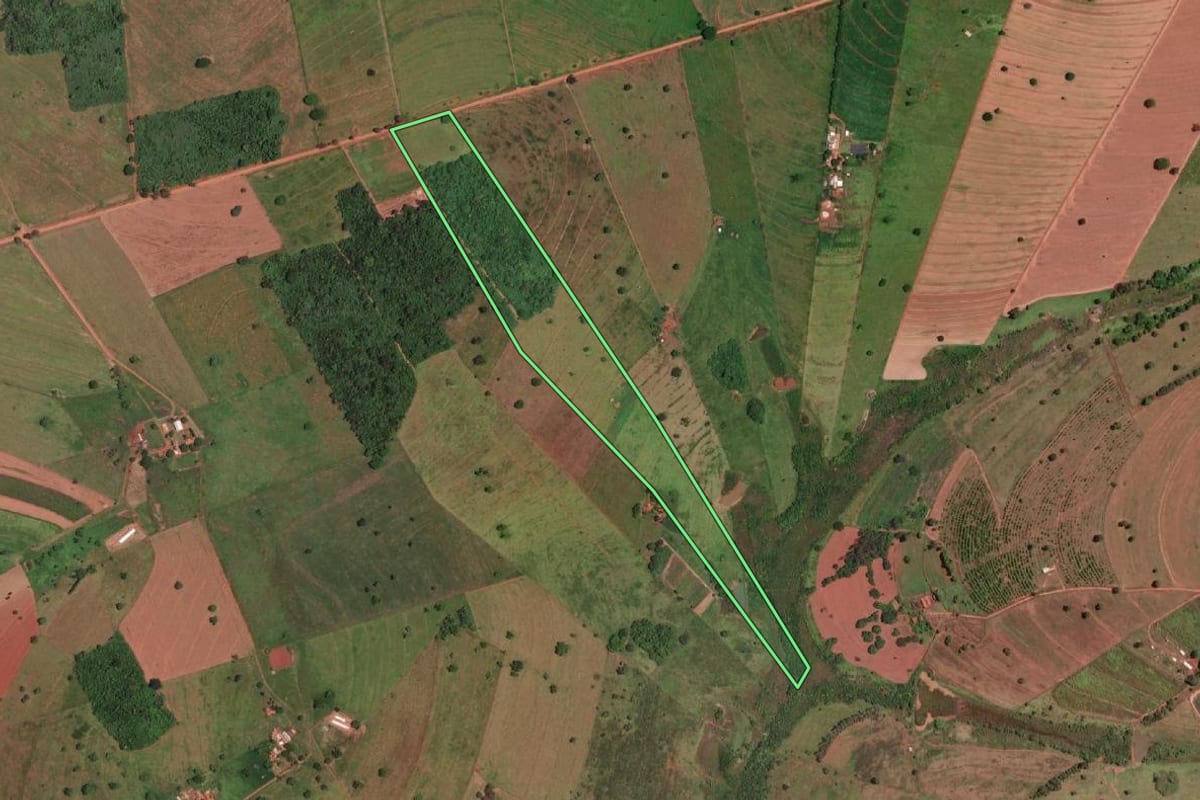 Imagem de satélite do imóvel rural em Guarani d'Oeste (SP), com o contorno declarado no CAR desenhado por cima.