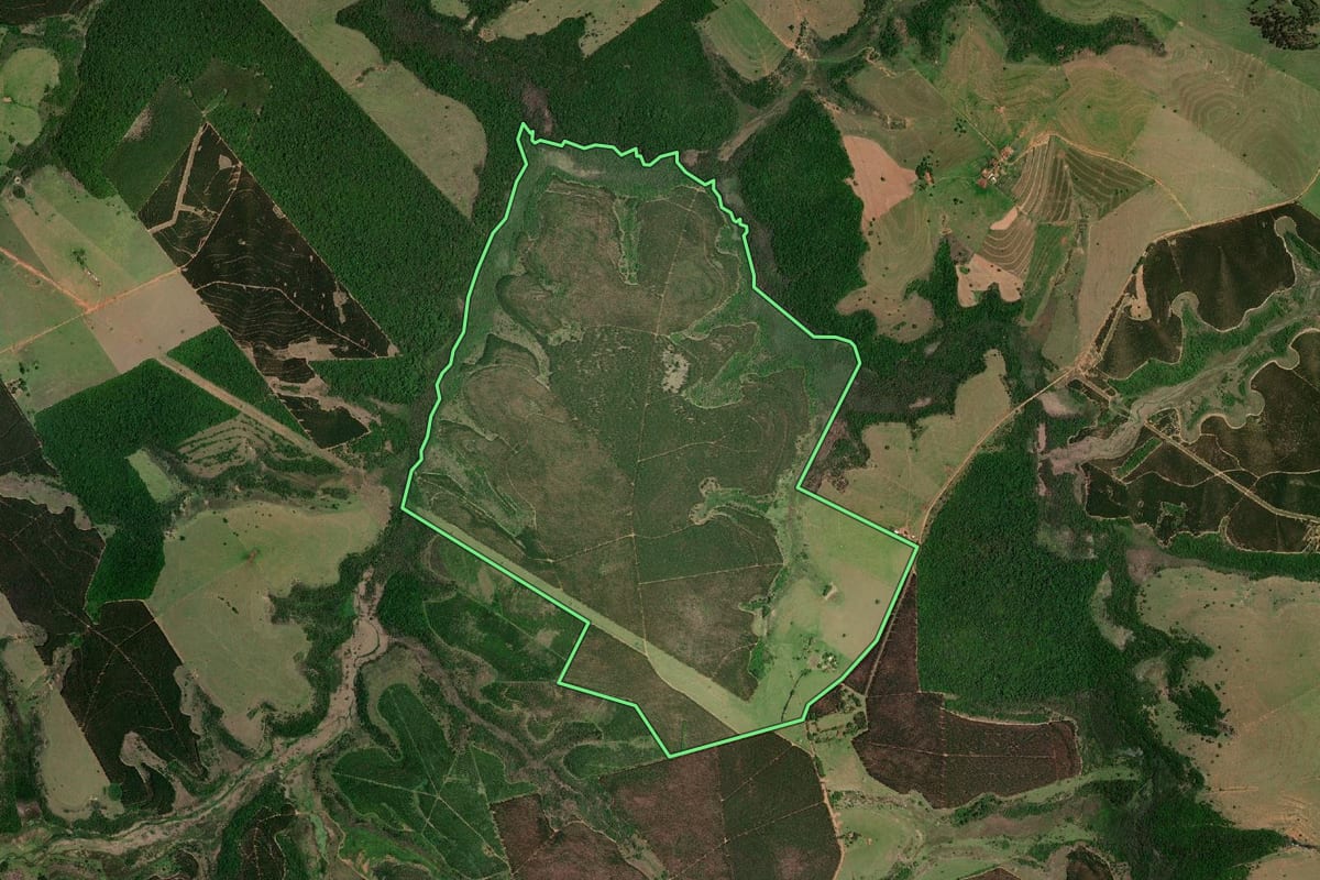 Imagem de satélite do imóvel rural em Guarantã (SP), com o contorno declarado no CAR desenhado por cima.