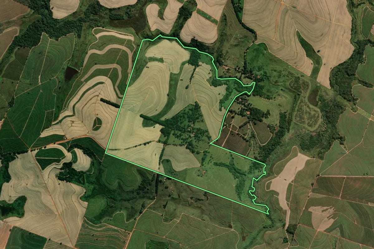 Imagem de satélite do imóvel rural em Guararapes (SP), com o contorno declarado no CAR desenhado por cima.