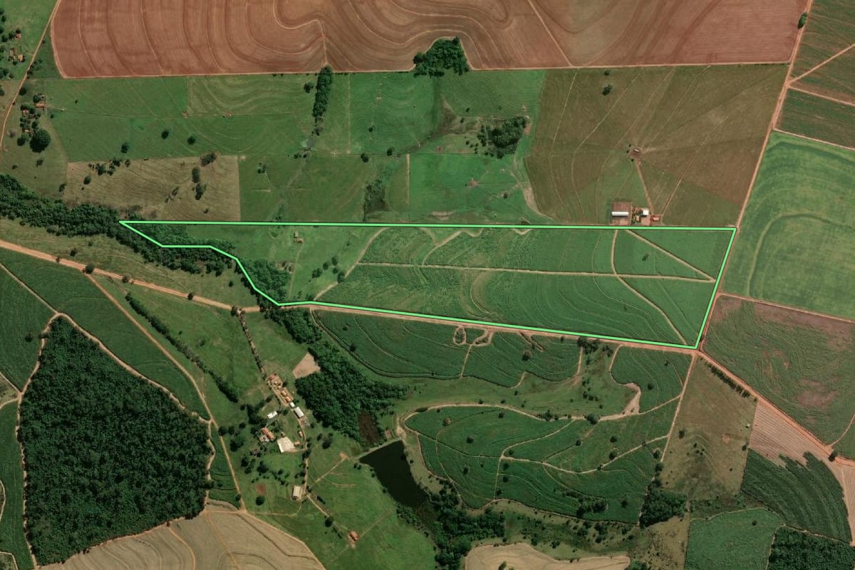 Imagem de satélite do imóvel rural em Guararapes (SP), com o contorno declarado no CAR desenhado por cima.