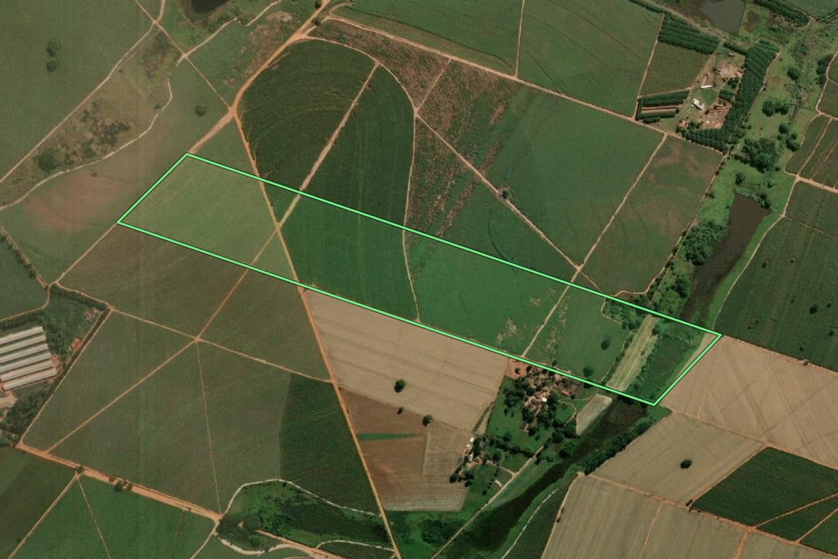 Imagem de satélite do imóvel rural em Guararapes (SP), com o contorno declarado no CAR desenhado por cima.