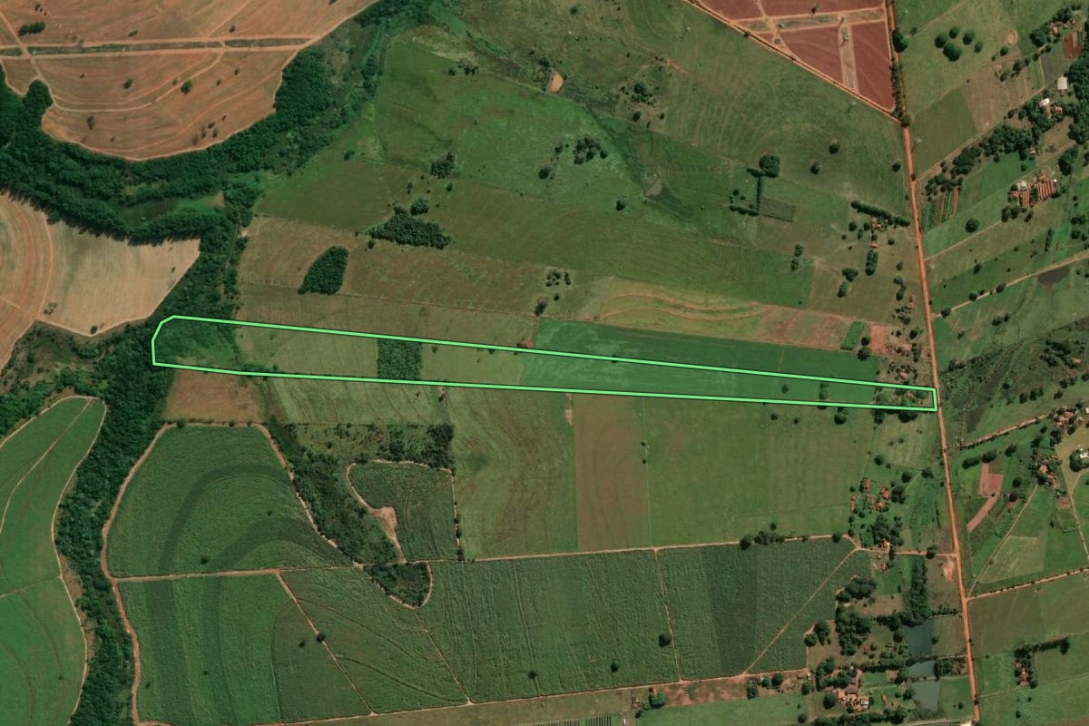 Imagem de satélite do imóvel rural em Guararapes (SP), com o contorno declarado no CAR desenhado por cima.