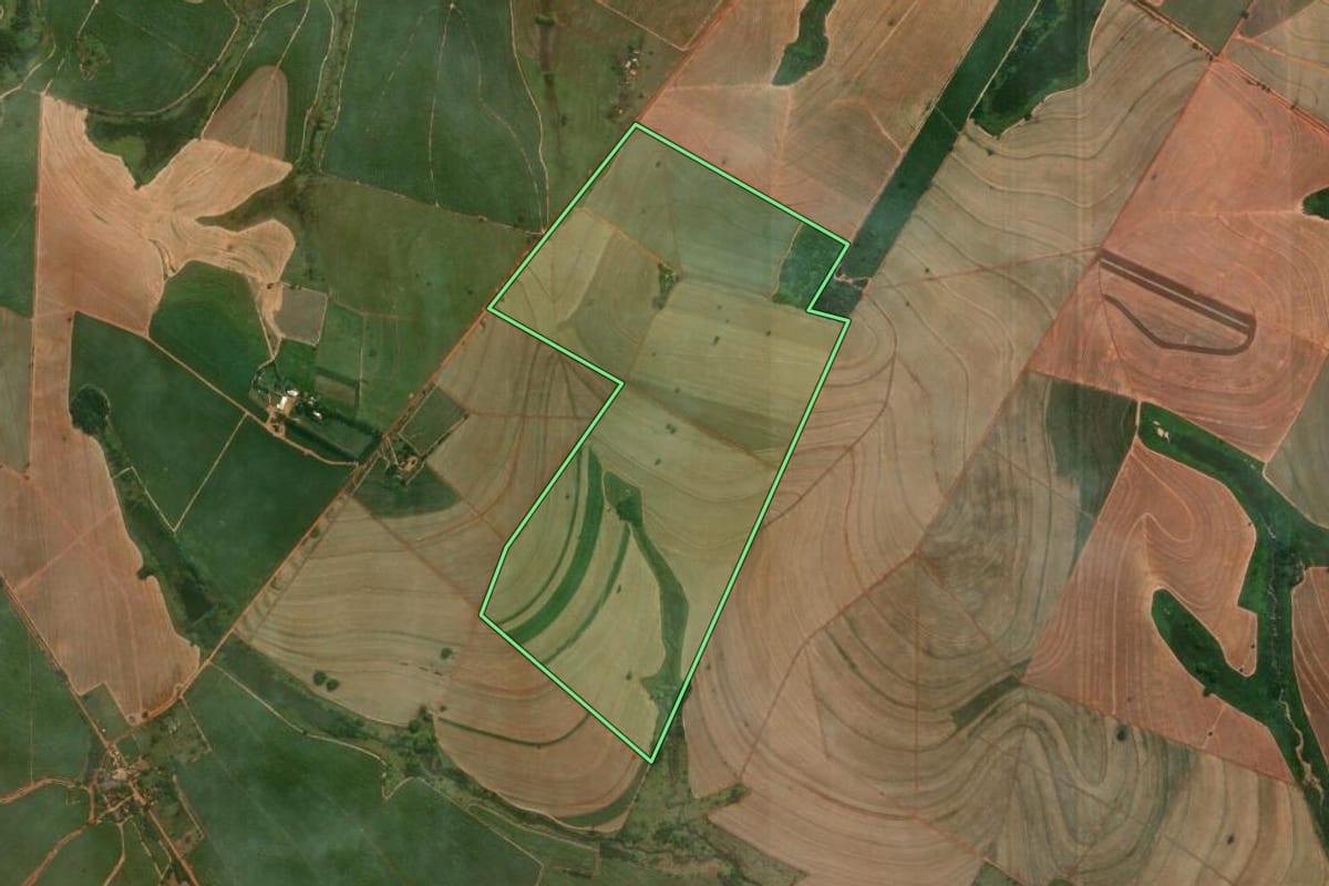 Imagem de satélite do imóvel rural em Guararapes (SP), com o contorno declarado no CAR desenhado por cima.