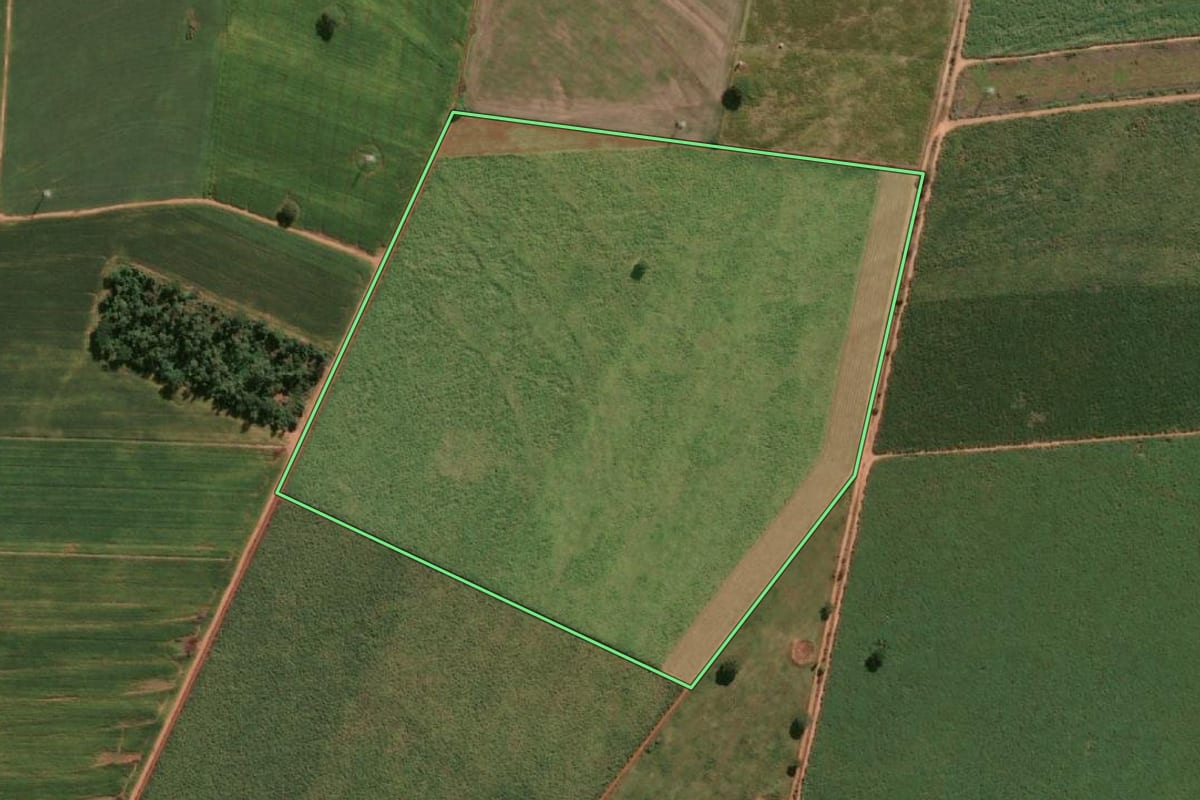 Imagem de satélite do imóvel rural em Guararapes (SP), com o contorno declarado no CAR desenhado por cima.