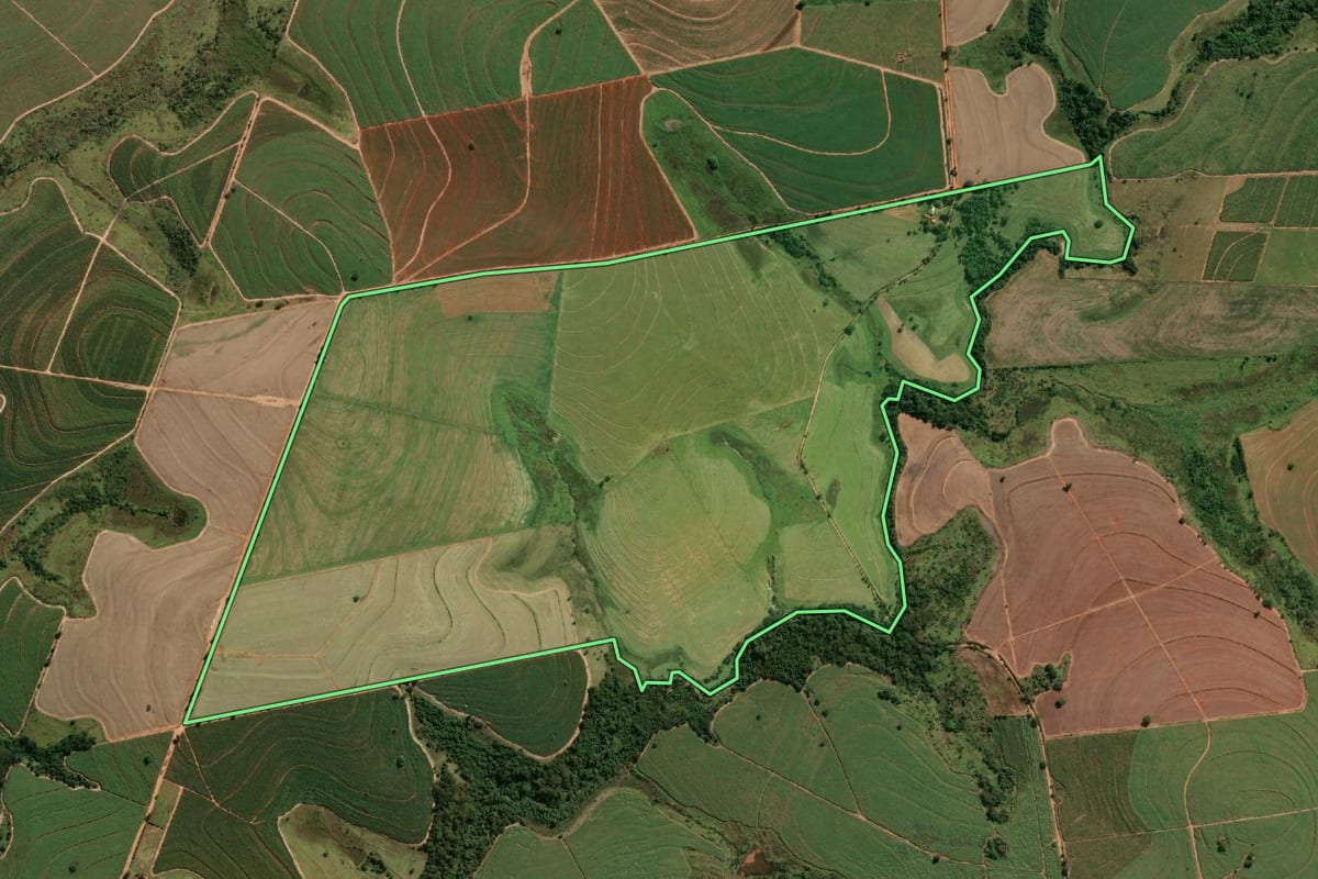Imagem de satélite do imóvel rural em Guararapes (SP), com o contorno declarado no CAR desenhado por cima.