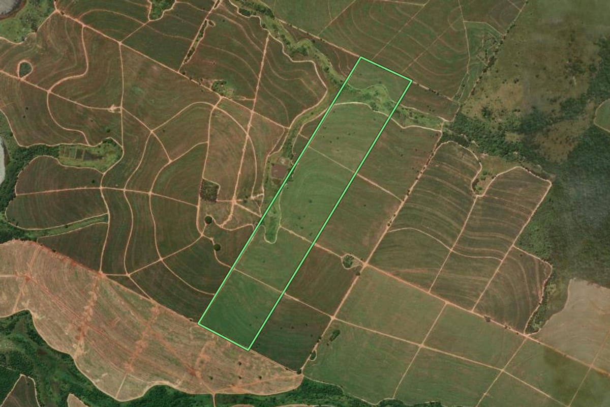 Imagem de satélite do imóvel rural em Guararapes (SP), com o contorno declarado no CAR desenhado por cima.