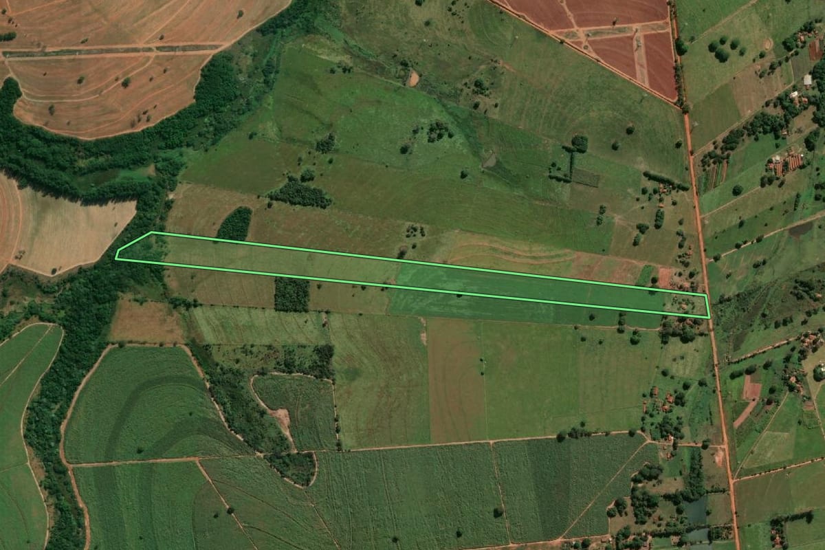 Imagem de satélite do imóvel rural em Guararapes (SP), com o contorno declarado no CAR desenhado por cima.