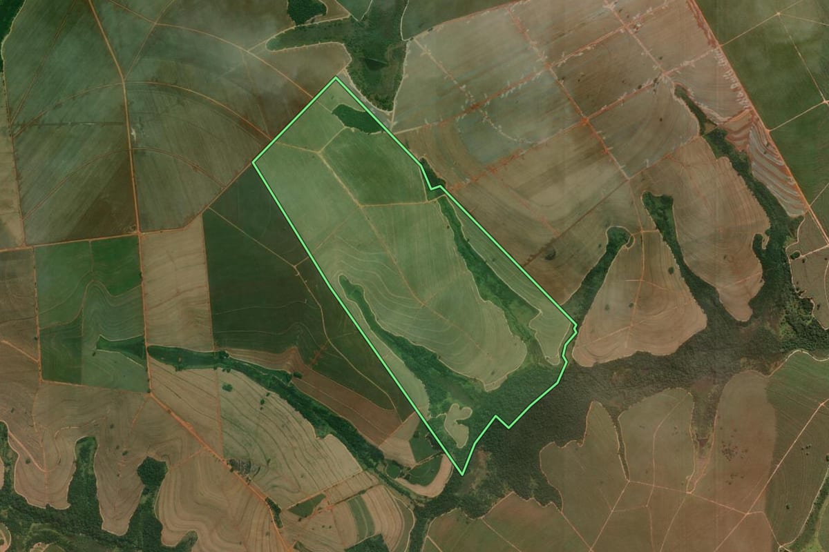 Imagem de satélite do imóvel rural em Guararapes (SP), com o contorno declarado no CAR desenhado por cima.