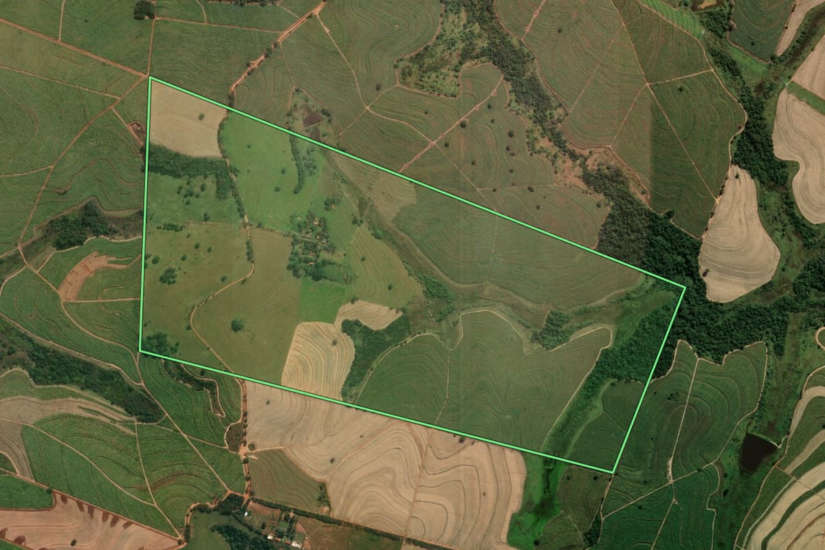 Imagem de satélite do imóvel rural em Guararapes (SP), com o contorno declarado no CAR desenhado por cima.