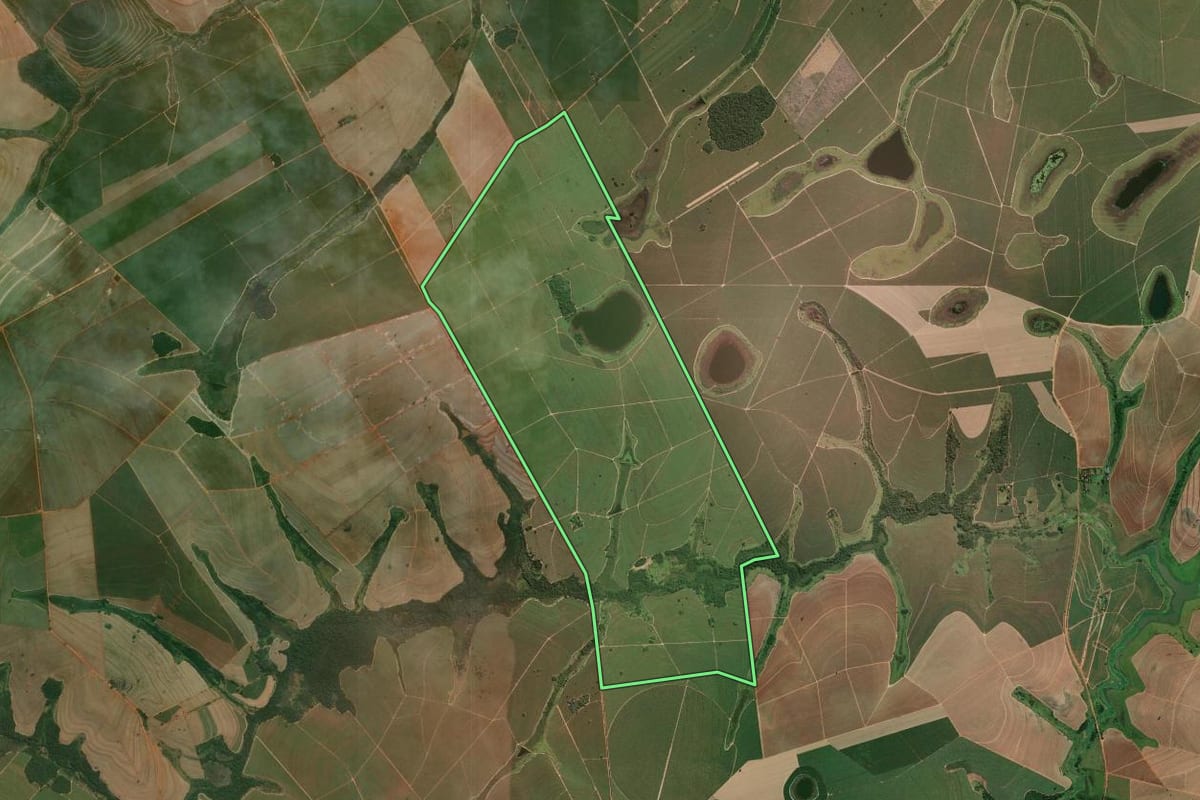Imagem de satélite do imóvel rural em Guararapes (SP), com o contorno declarado no CAR desenhado por cima.