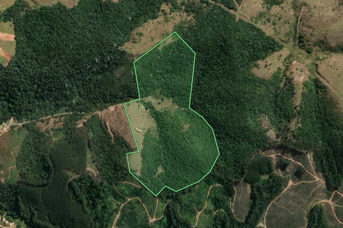 Imagem de satélite do imóvel rural em Guararema (SP), com o contorno declarado no CAR desenhado por cima.