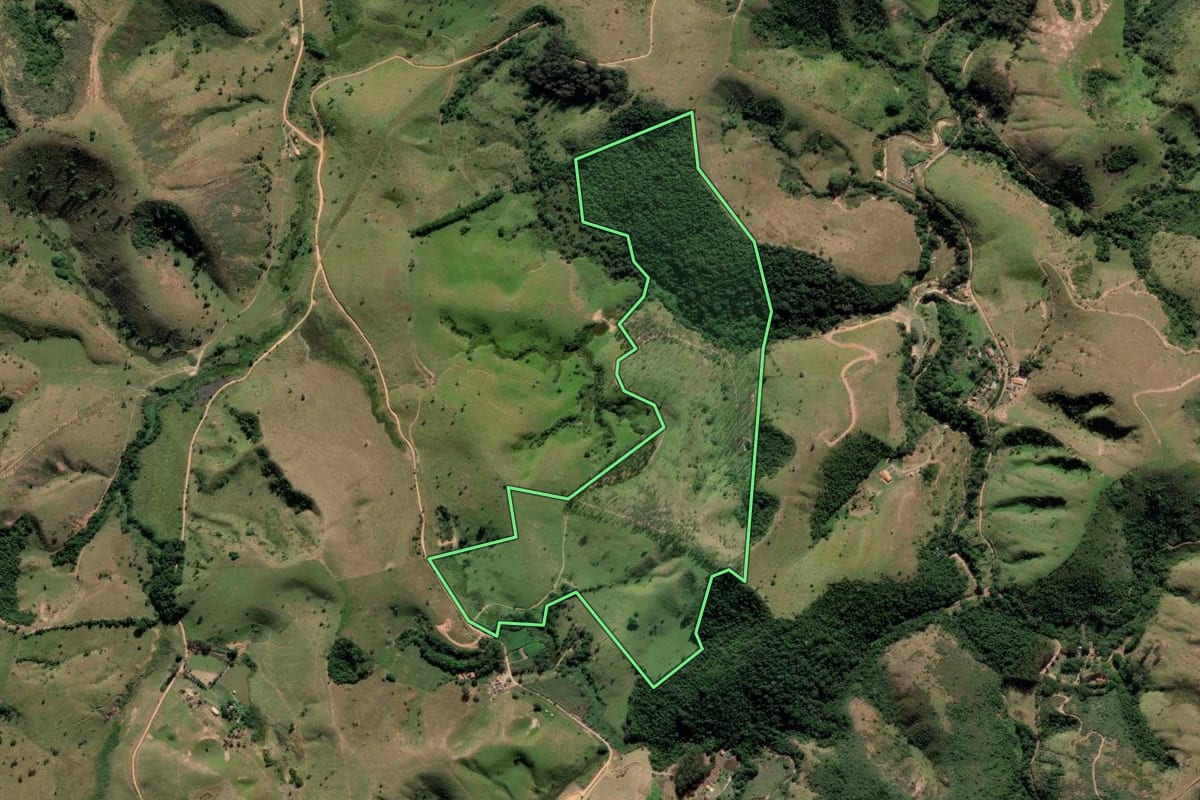 Imagem de satélite do imóvel rural em Guaratinguetá (SP), com o contorno declarado no CAR desenhado por cima.