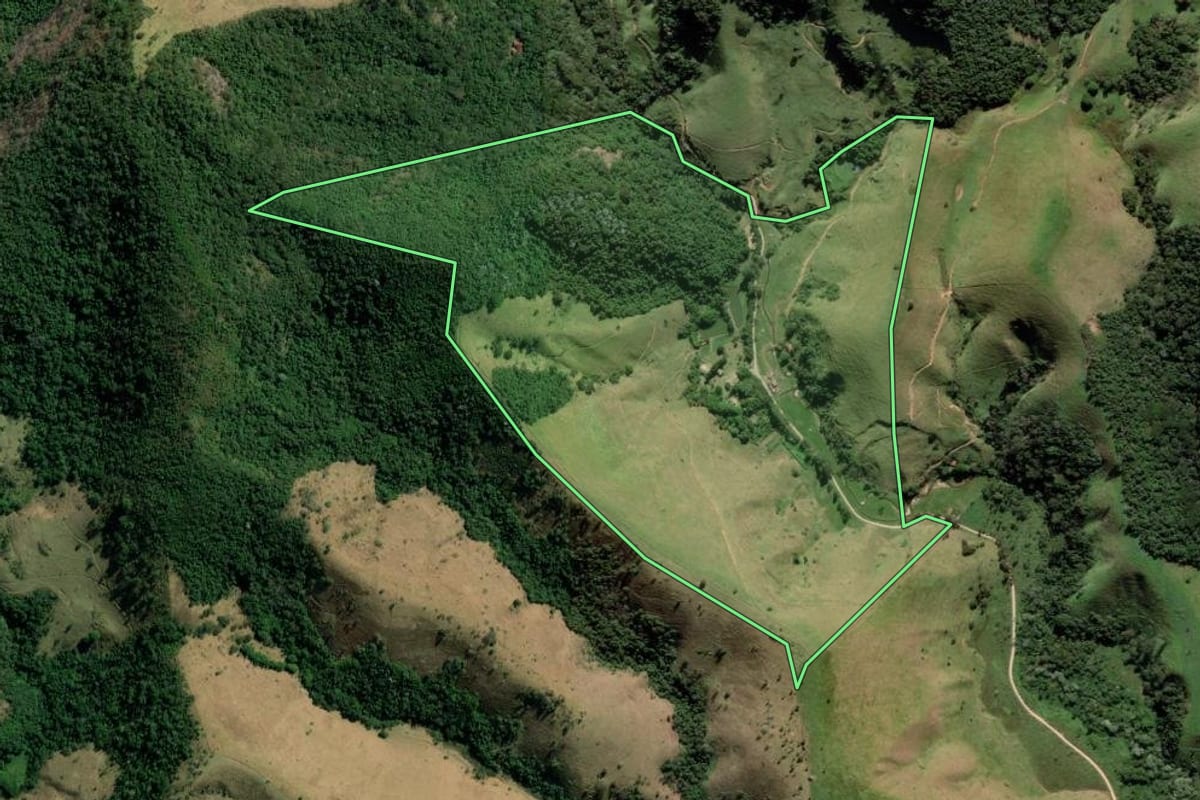 Imagem de satélite do imóvel rural em Guaratinguetá (SP), com o contorno declarado no CAR desenhado por cima.