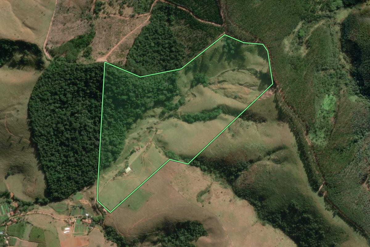 Imagem de satélite do imóvel rural em Guaratinguetá (SP), com o contorno declarado no CAR desenhado por cima.