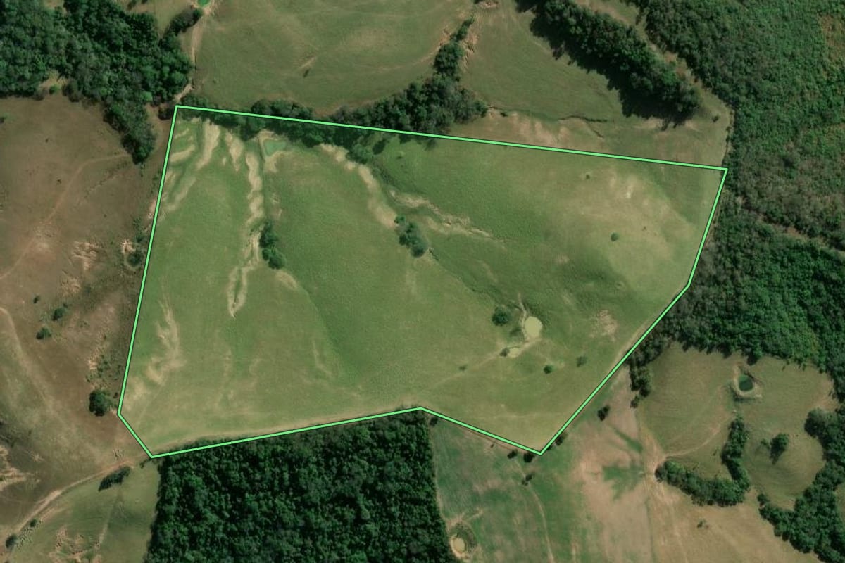 Imagem de satélite do imóvel rural em Guareí (SP), com o contorno declarado no CAR desenhado por cima.