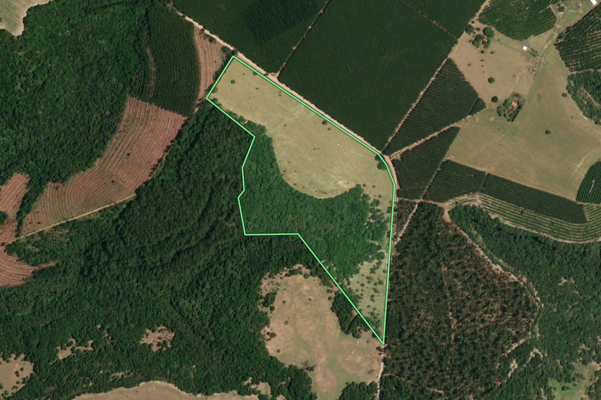 Imagem de satélite do imóvel rural em Guareí (SP), com o contorno declarado no CAR desenhado por cima.