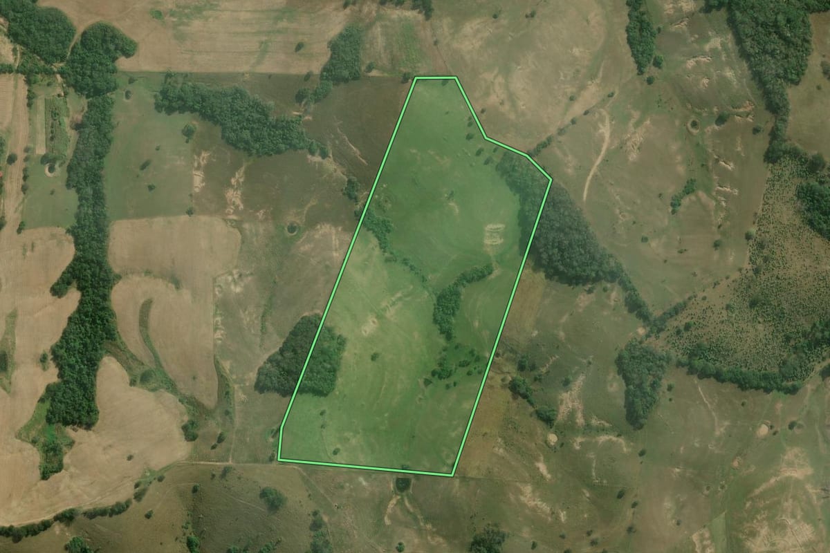 Imagem de satélite do imóvel rural em Guareí (SP), com o contorno declarado no CAR desenhado por cima.
