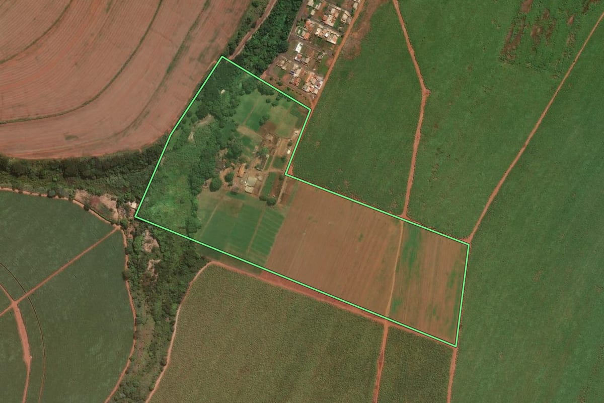 Imagem de satélite do imóvel rural em Guariba (SP), com o contorno declarado no CAR desenhado por cima.