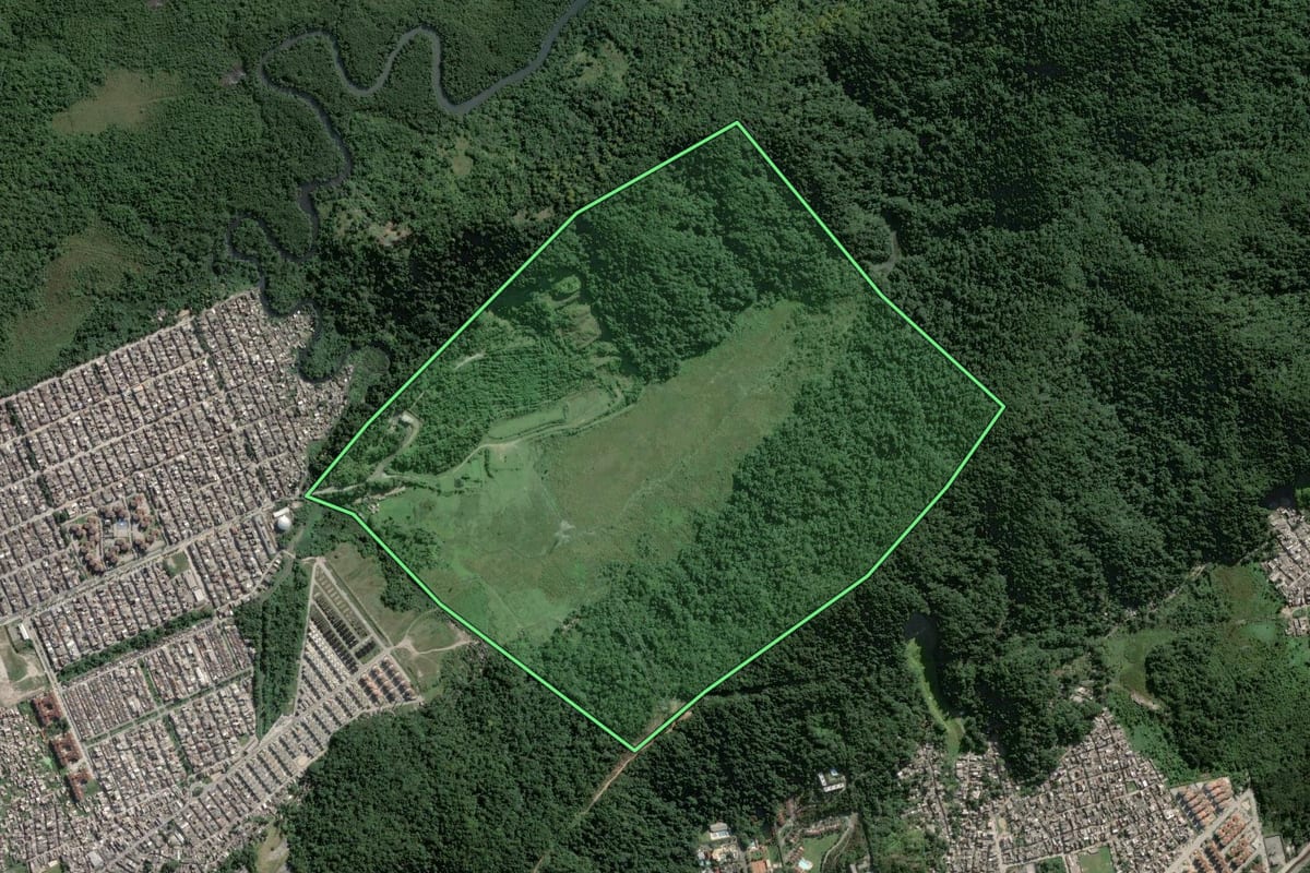Imagem de satélite do imóvel rural em Guarujá (SP), com o contorno declarado no CAR desenhado por cima.