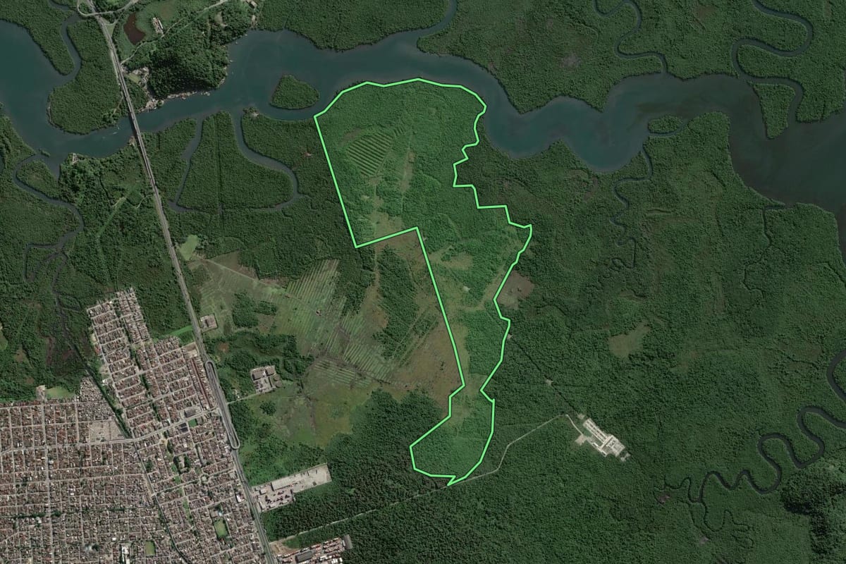 Imagem de satélite do imóvel rural em Guarujá (SP), com o contorno declarado no CAR desenhado por cima.
