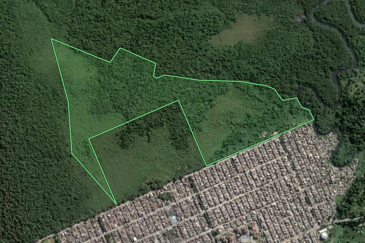 Imagem de satélite do imóvel rural em Guarujá (SP), com o contorno declarado no CAR desenhado por cima.