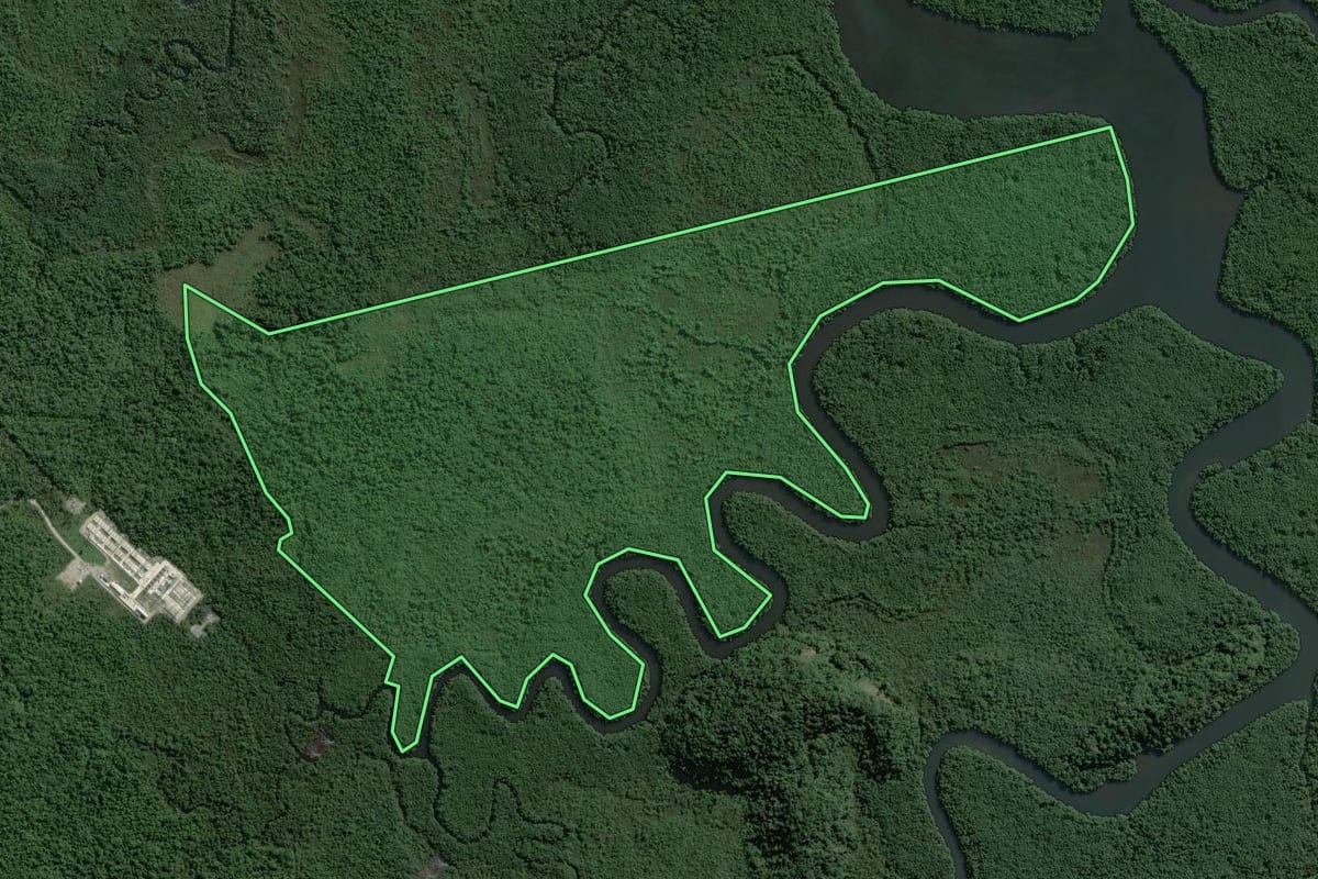 Imagem de satélite do imóvel rural em Guarujá (SP), com o contorno declarado no CAR desenhado por cima.