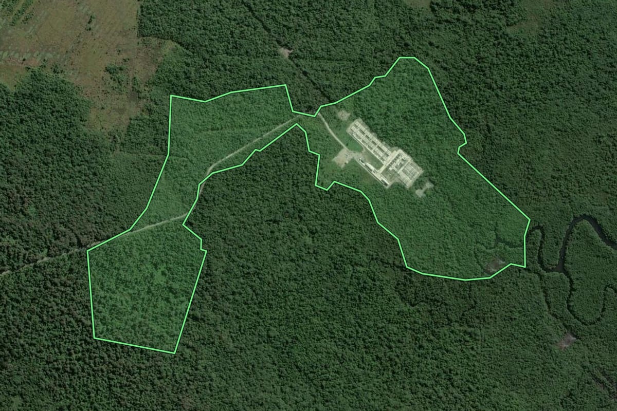 Imagem de satélite do imóvel rural em Guarujá (SP), com o contorno declarado no CAR desenhado por cima.