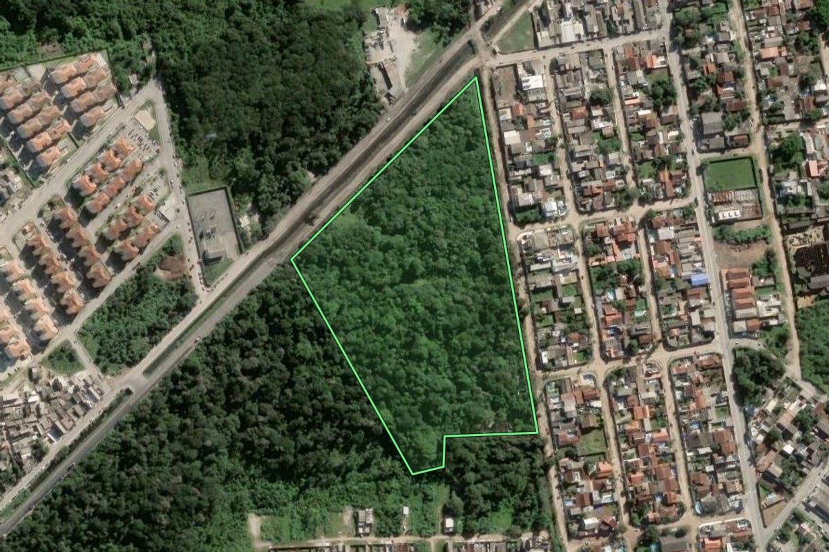 Imagem de satélite do imóvel rural em Guarujá (SP), com o contorno declarado no CAR desenhado por cima.