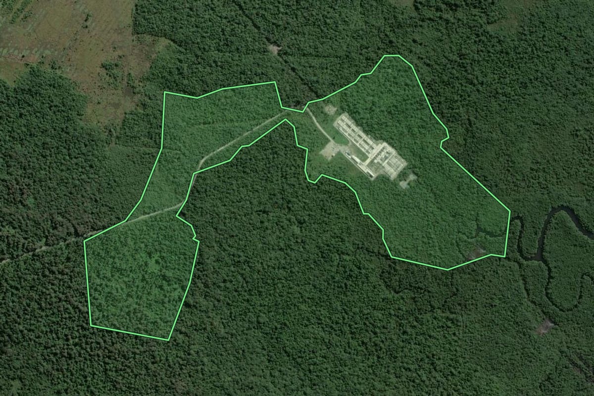 Imagem de satélite do imóvel rural em Guarujá (SP), com o contorno declarado no CAR desenhado por cima.